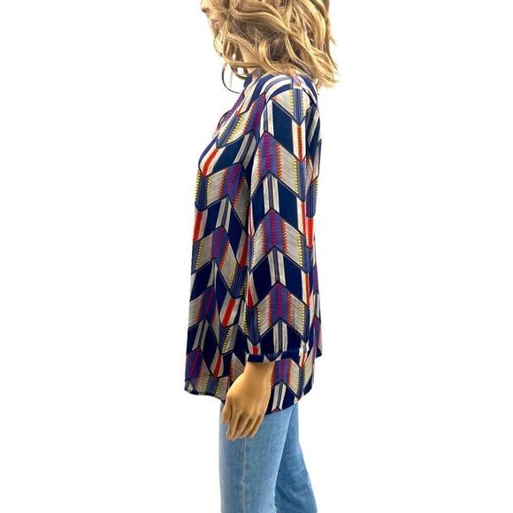 Tulle V-Neck Chevron Blouse, Blue Multicolor, Size L - Picture 3 of 6